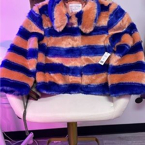 Salmon and royal blue kids faux fur jacket